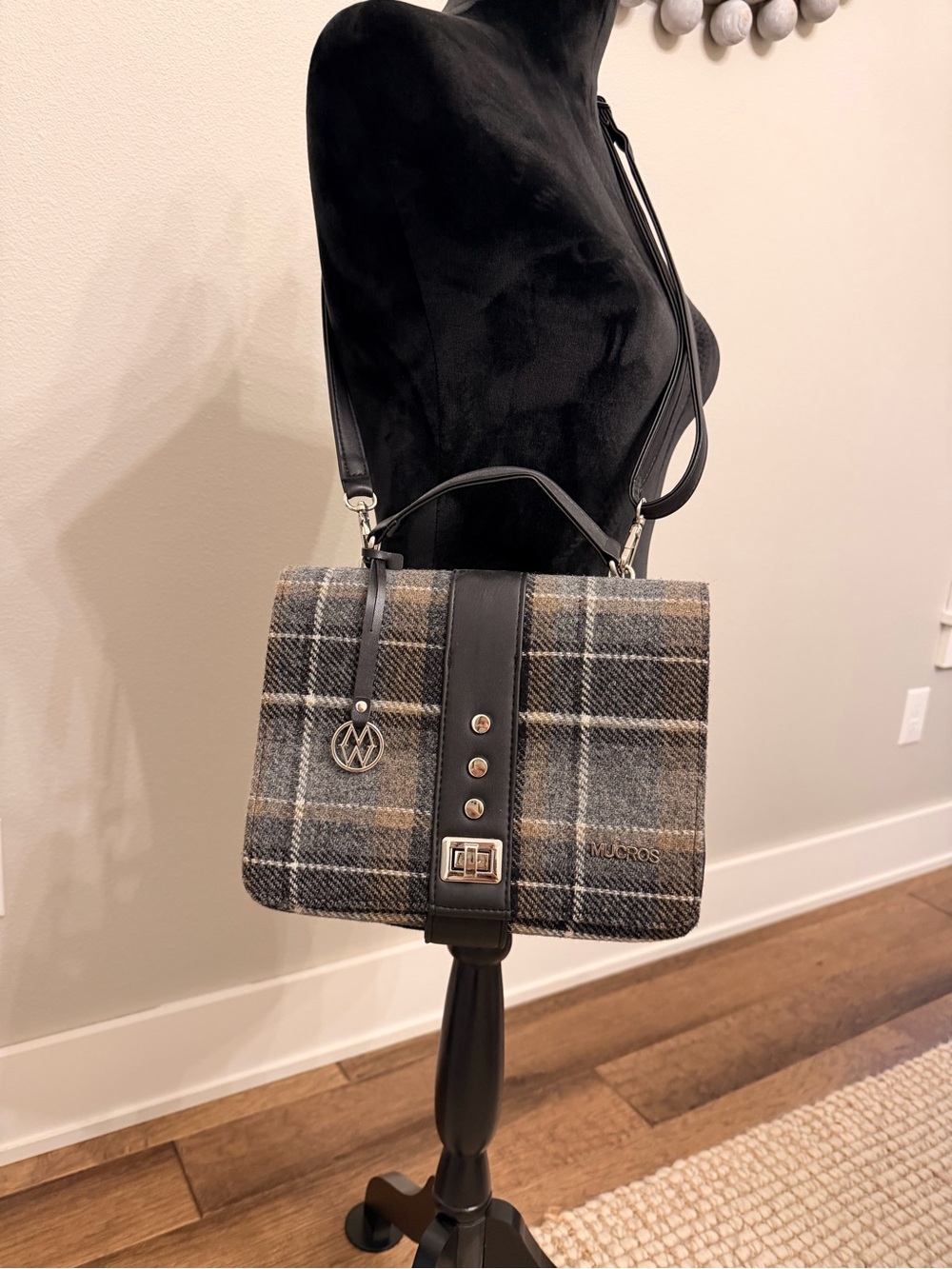 Wool Plaid Messenger Bag with Black Leather Trim